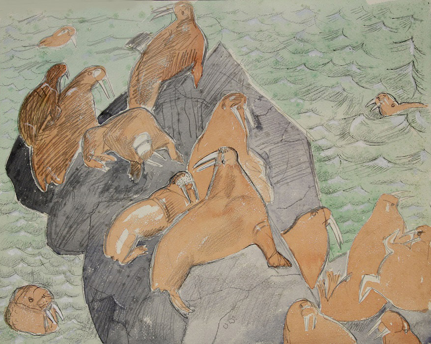 ''Моржи на скалах'', 1978. Бумага, карандаш, акварель