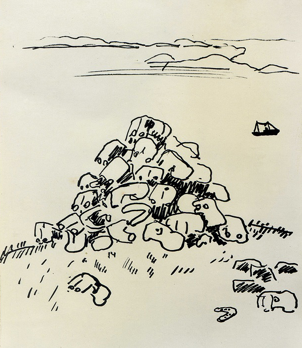 ''Пирамида из черепов моржей с выломанными клыками'', 1971.Бумага, фломастер