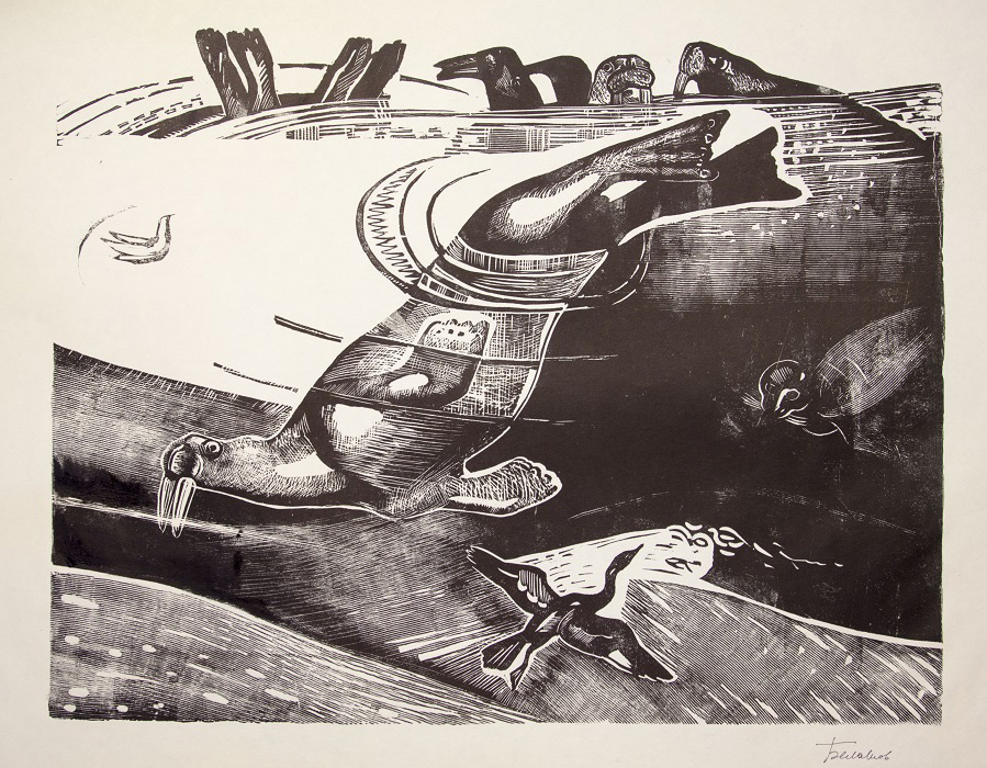 ''Морж ныряет'', 1972. Бумага, линогравюра