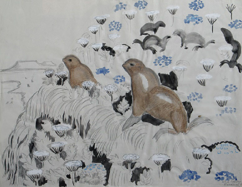 ''Котики в прибрежных зарослях цветов'', 1982. Бумага, карандаш, акварель