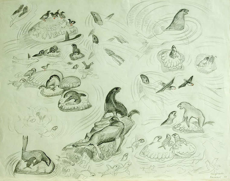 ''Котики на прибрежных камнях'', 1982. Бумага, карандаш