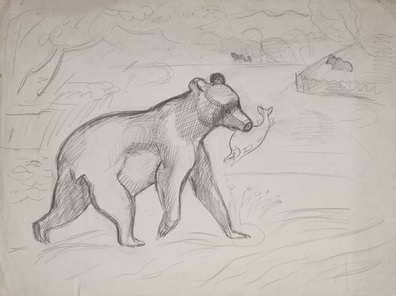 ''Медведь поймал горбушу'', 1976. Бумага, карандаш