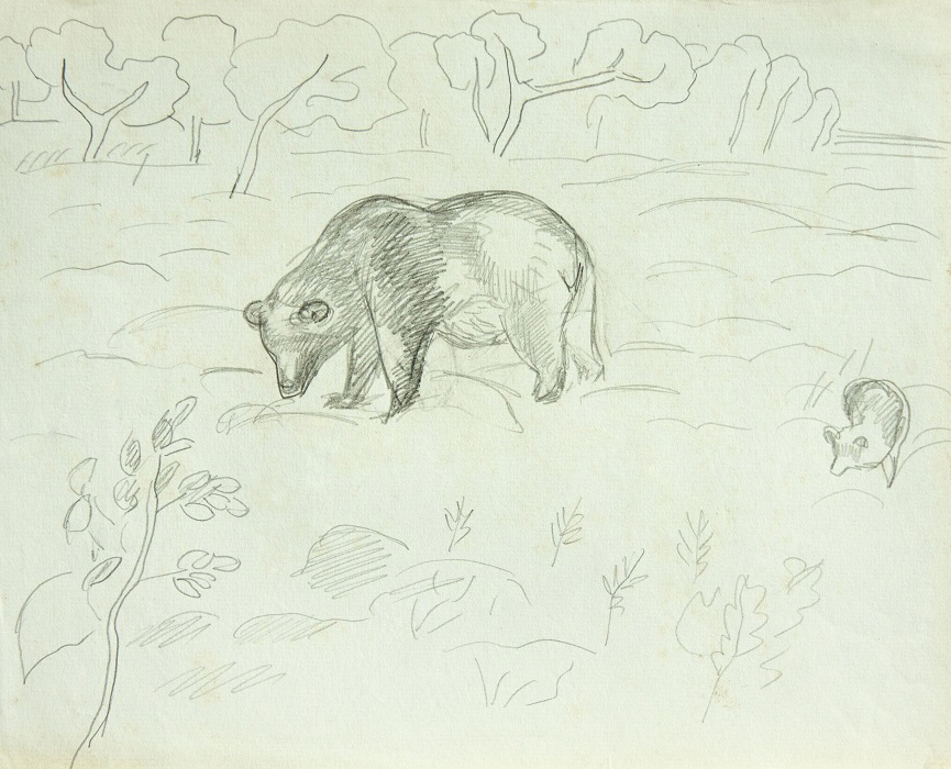''Набросок с медвежонком'', 1977. Бумага, карандаш