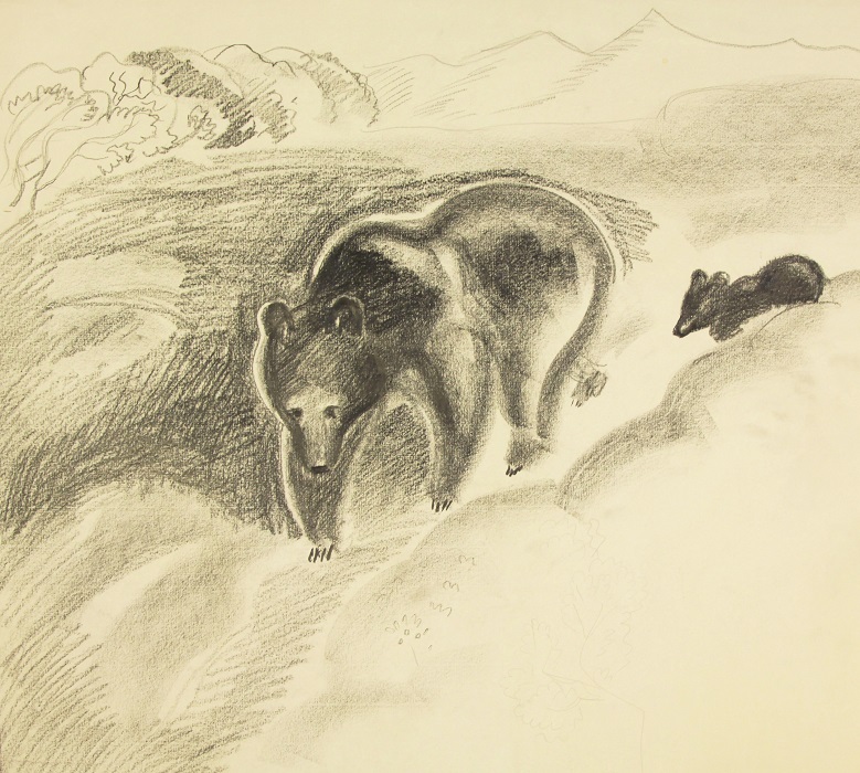 Набросок с медвежонком, 1977. Бумага, карандаш