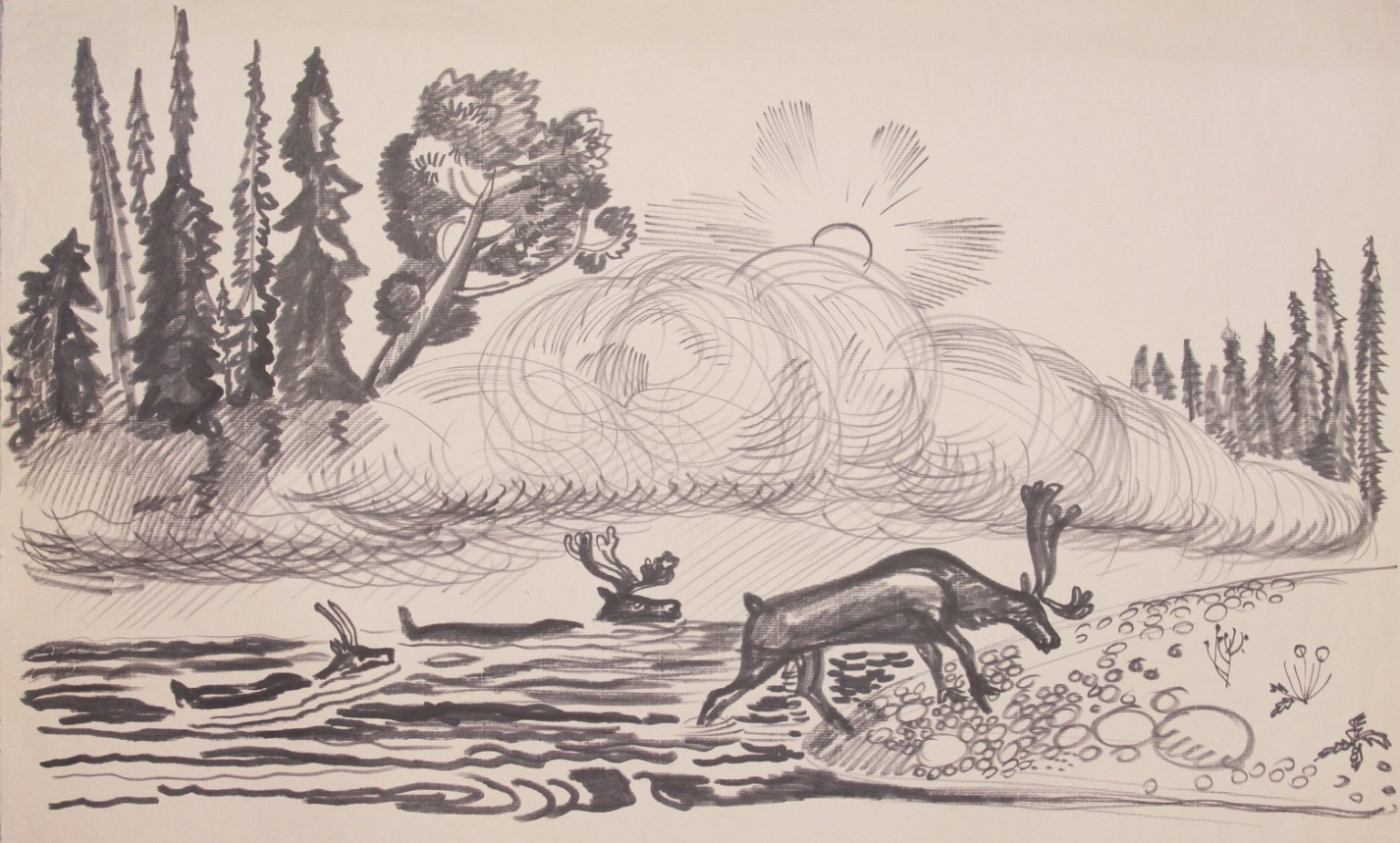 ''Переправа северных оленей'', 1962. Бумага, фломастер