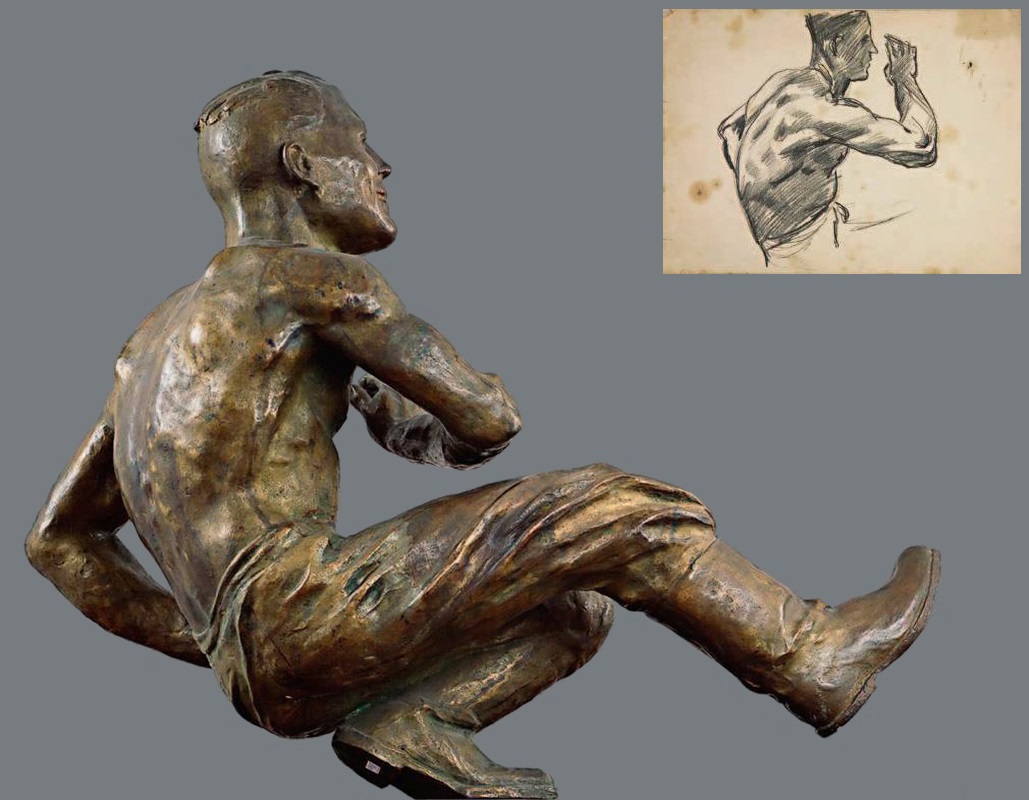 Александр Дейнека. "Гопак" (ракурс), 1941. Бронза, 70х78х32 см. Эскиз к скульптуре "Гопак, 1941. Бумага, карандаш, 20х28,2 см. Курская государственная картинная галерея имени А.А. Дейнеки. Фото из альбома "Дейнека", М., 2011