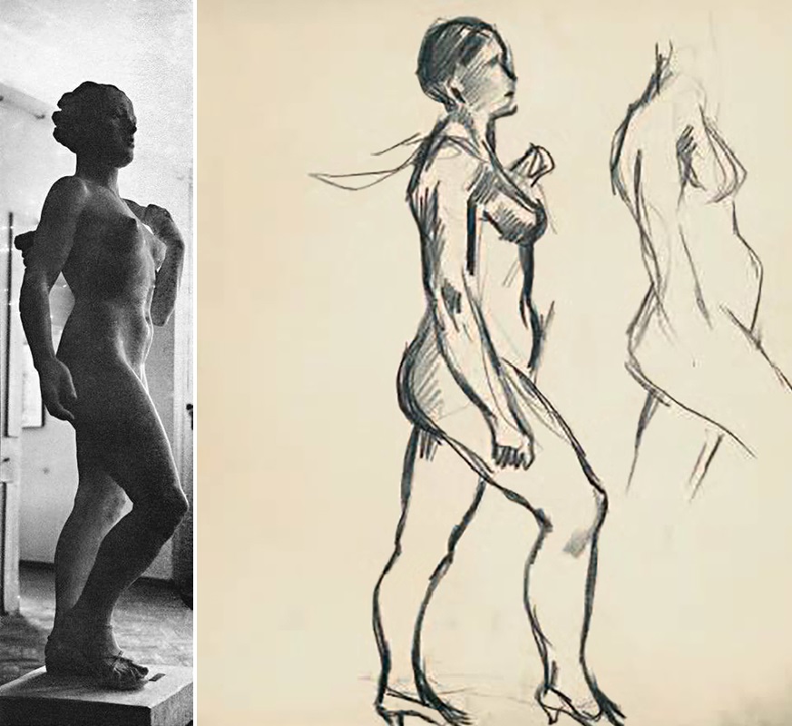 Александр Дейнека. "Купальщица" (ракурс 2), 1941. Гипс, 167х60х75 см. Местонахождение неизвестно. Эскизы к "Купальщице". Бумага, карандаш, 27,3х22,5 см, частное собрание, Москва. Фото: ''Дейнека. Монументальное искусство. Скульптура''. М., 2011