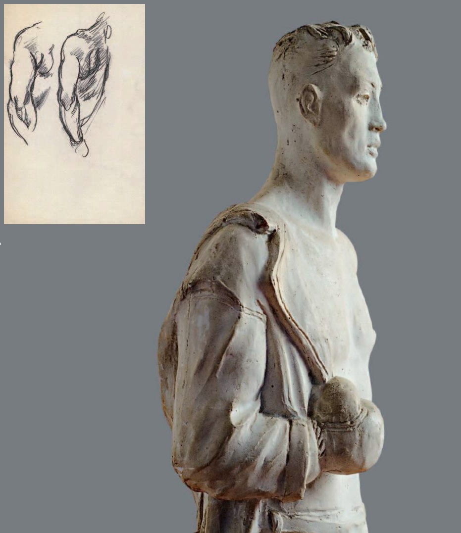 Александр Дейнека. "Боксёр" (фрагмент), 1947. Гипс. КГКГ, Курск. "Руки боксёра", 1947. Эскизы к "Боксеру". Бумага, карандаш, 27,6х19 см, частное собрание, Москва. Фото: ''Дейнека. Монументальное искусство. Скульптура''. М., Издательская программа ''Интерроса'', 2011