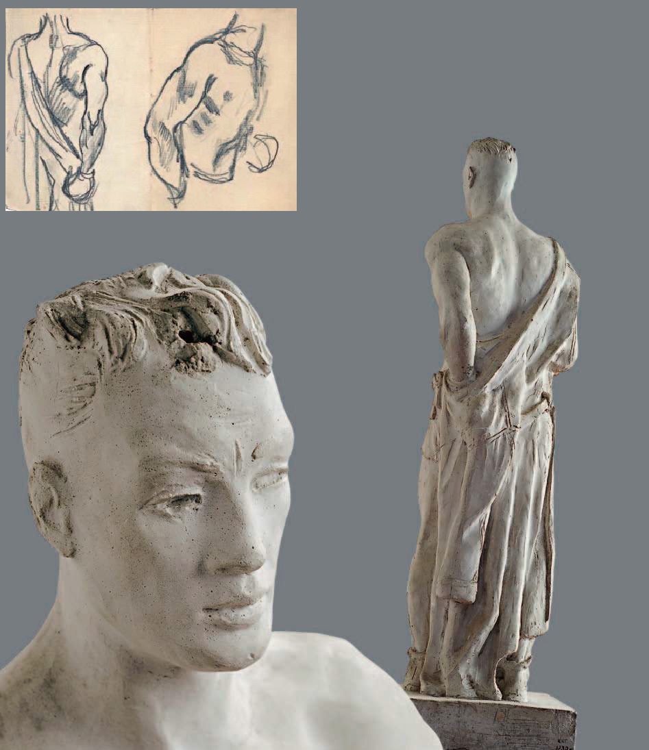 Александр Дейнека. "Боксёр", 1947. Гипс, 82,6х25,2х23,3 см. КГКГ, Курск. "Торс боксёра", 1947. Эскизы к "Боксёру. Бумага, карандаш, 14,1х18,9 см, частное собрание, Москва. Фото: ''Дейнека. Монументальное искусство. Скульптура''. М., Издательская программа ''Интерроса", 2011