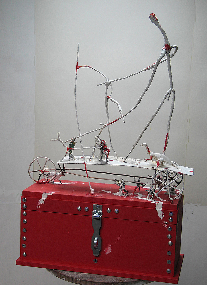 ''Война миров'', 2017. Из серии ''Красные шкатулки''.Дерево, акриловый мрамор, металл