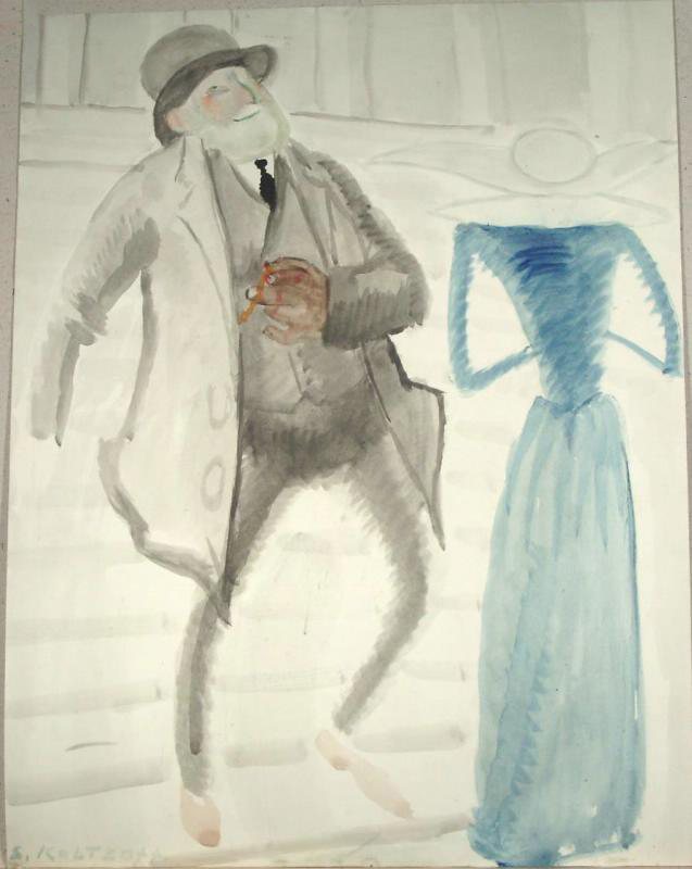 Сергей Кольцов. ''Биржевой делец и монашенка'', 1928-1930.Бумага на картоне, акварель, 63,2х48,5 см.Рыбинский государственный историко-архитектурный и художественный музей-заповедник, Ярославская область