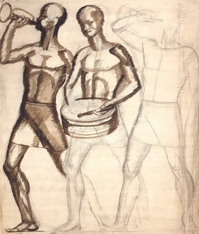Сергей Кольцов. Эскиз декоративного панно ''Пионеры'', 1920-е.Бумага, карандаш, гуашь, 71,5х61 см