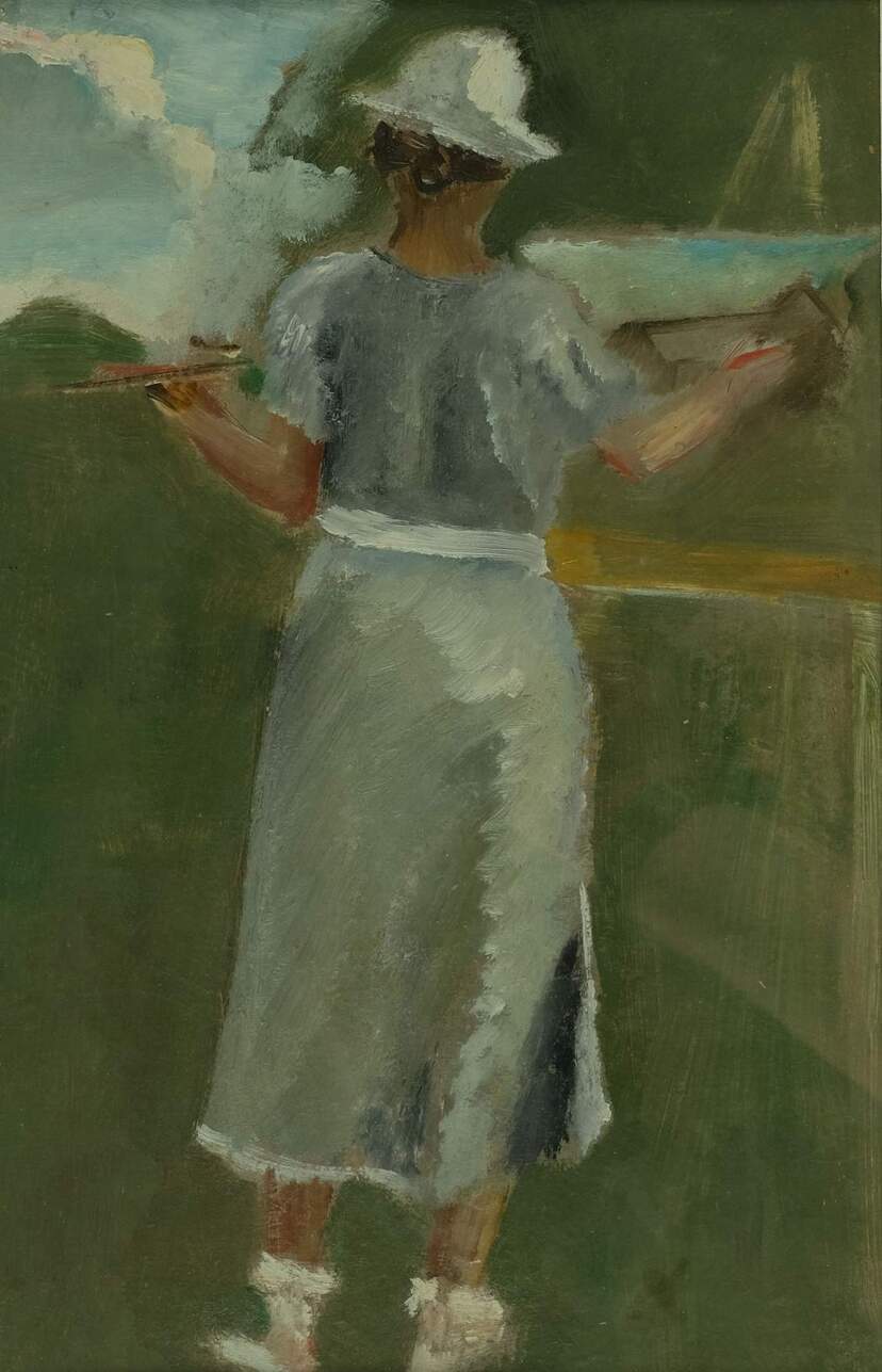 Сергей Кольцов. ''Шура за работой'' (А.Г. Кольцова- Бычкова),1930-е. Картон, масло.Собрание семьи художников Кольцова-Бычковой