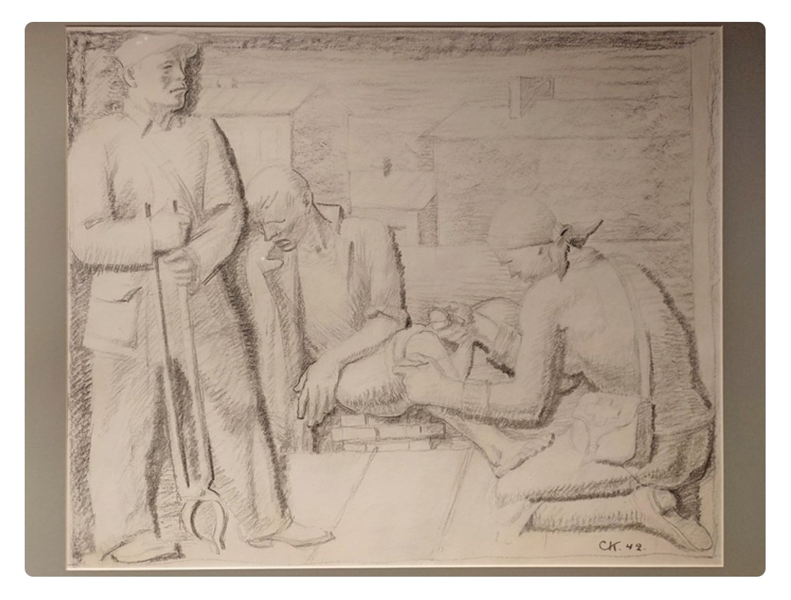 Сергей Кольцов. ''После вражеского налета'', 1942. Из цикла ''Защита Москвы''.Бумага, карандаш. Из собрания М. Арефьева