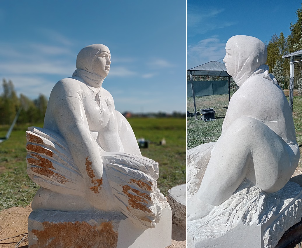 Сергей Малютов. "Урожай" (ракурсы), 2024. Известняк, высота 190 см. Горчухино, Московская область. Фото из архива Сергея Малютова