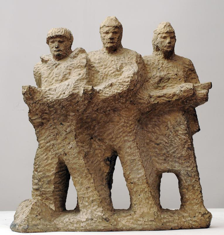 ''Защитники Ленинграда'', 1966. Модель памятника для Площади Победы в честь героической обороны Ленинграда в годы Великой Отечественной войны. Известняк, 40х40х12 см.Государственный музей городской скульптуры, С.-Петербург. Фото: goskatalog.ru