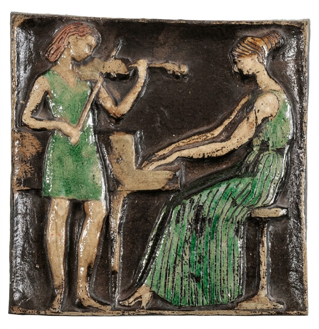 Метопа фриза музыкальной школы Московского района Ленинграда, 1979.Рельеф. Шамот, глазури, 35,5х36х2,3 см. Государственный музей истории Санкт-Петербурга. Фото: goskatalog.ru