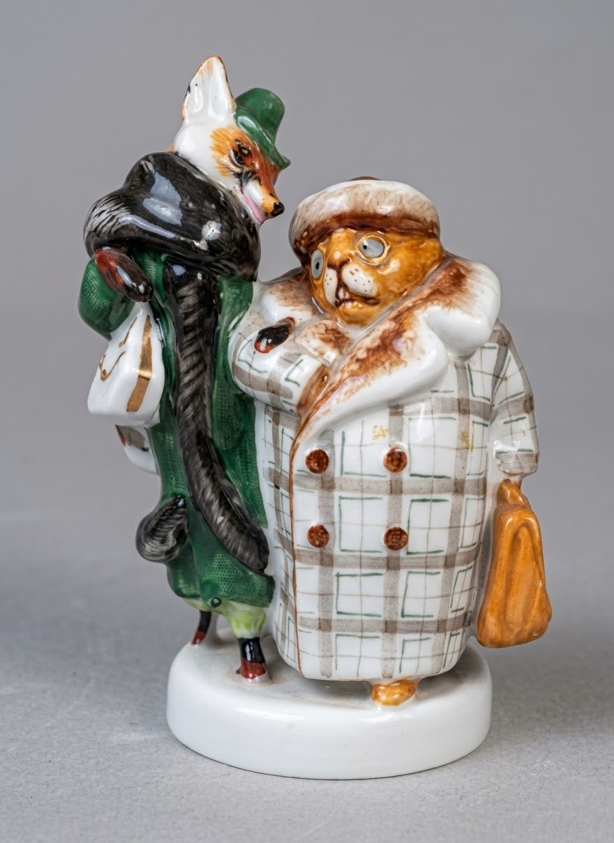 ''Лиса и бобер'', 1950-е.Фарфор, роспись надглазурная, 12,7х8,8х6,7 см. Роспись И.И. Ризнича.Государственный музей истории российской литературы имени В.И. Даля, Москва.Фото: goskatalog.ru