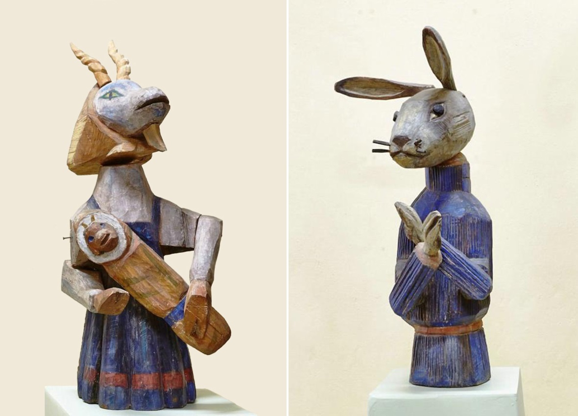 ''Коза с козленком'', ''Заяц'', 1969. Авторские модели кукол для часов на фасаде Театра кукол имени С.В. Образцова в Москве. Дерево, роспись, 80х43х40 см, 85х40х35 см.Музей-заповедник ''Абрамцево'', Московская область
