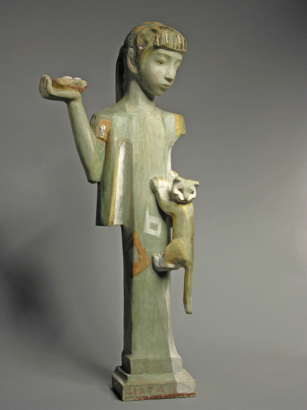 ''Девочка с кошкой и птичьим гнездом'', 1965-1975.Дерево, левкас, позолота, 98х39х26 см.Государственная Третьяковская галерея, Москва.Фото: сайт ''Моя Третьяковка''