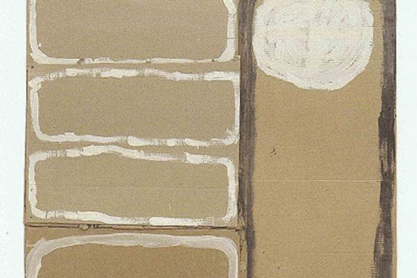 Анатолий Комелин. Асимметрия пейзажа, 2013. Картон, белила, пинотекс, 110х100 см. Фото из альбома Анатолий Комелин. ''Знаки бытия'', Москва, 2014