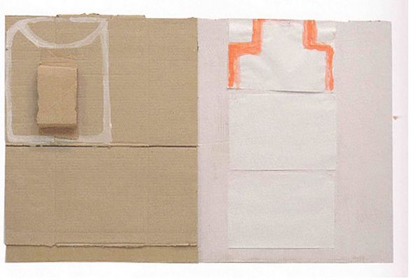 Анатолий Комелин. Натюрморт с большой кружкой, 2013. Картон, бумага, 68х100 см. Фото из альбома ''Анатолий Комелин. Знаки бытия'', Москва, 2014