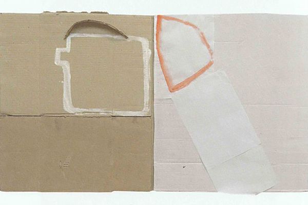 Анатолий Комелин. Натюрморт с утюгом, 2013. Картон, бумага, 62х109 см. Фото из альбома ''Анатолий Комелин. ''Знаки бытия'', Москва, 2014