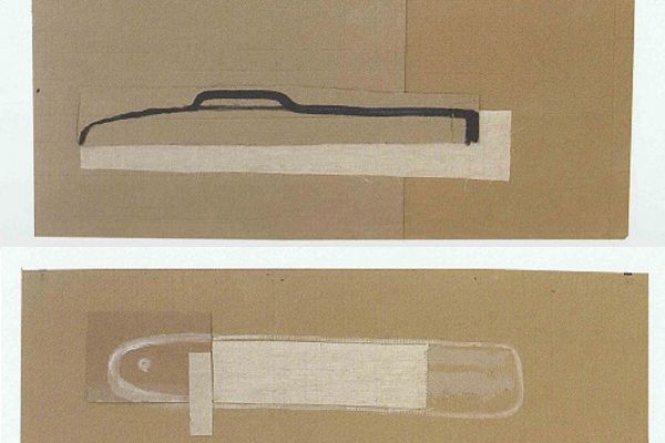 Анатолий Комелин. Подводная лодка, рыба, 2011. Картон, ткань, краска, 67х160 см. Фото из альбома ''Анатолий Комелин. ''Знаки бытия'', Москва, 2014