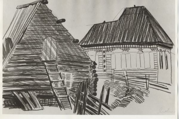 Олег Яновский. Сибирские избы, 1973. Бумага, карандаш.