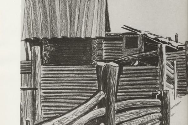 Олег Яновский. Сибирские избы, 1973. Бумага, карандаш.