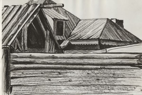 Олег Яновский. Сибирские избы, 1973. Бумага, карандаш.