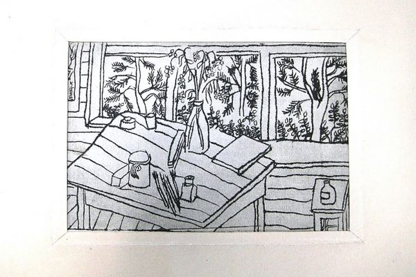 Игорь Шелковский. ''Интерьер. Рабочий стол'', 1958. Фотобумага, офорт, 12,3х16,6 см. Государственный научно-исследовательский институт архитектуры имени А.В. Щусева, Москва