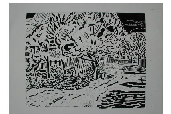 Игорь Шелковский. Из серии ''Тарусский пейзаж'' 5, 1969. Бумага, линогравюра, 38,5х49 см. Сахалинский областной художественный музей, Южно-Сахалинск