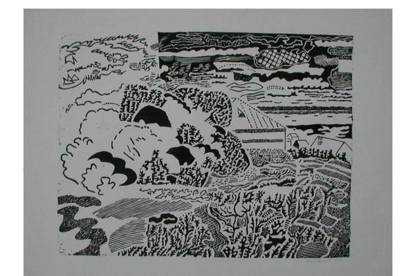 Игорь Шелковский. Из серии ''Тарусский пейзаж'' 6, 1969. Бумага, линогравюра, 38,5х50,2 см. Сахалинский областной художественный музей, Южно-Сахалинск