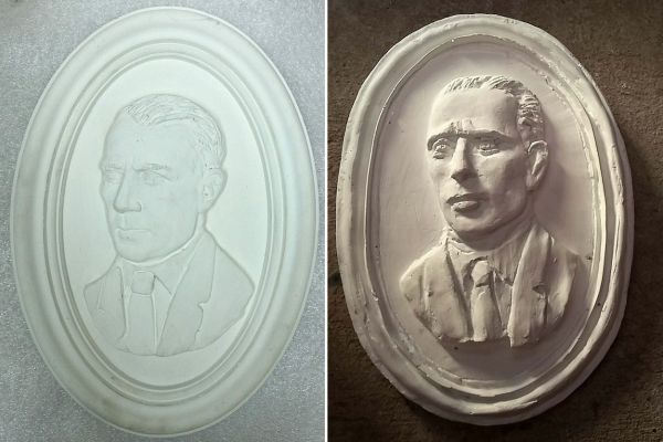 Александр Бурганов. ''Портрет Михаила Булгакова'', 2001. Варианты. Гипс, 28,4х20,5 см, 27,5х19, 37 см. Московский государственный музей ''Дом Бурганова''