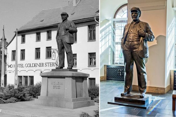 Матвей Манизер. 1926 Памятник В.И. Ленину. Бронза, высота фигуры 320 см. Был установлен в Детском Селе, Ленинградская область. В 1941 вывезен фашистами в Германию на переплавку, но не уничтожен. В 1945 установлен в Айслебене, Германия. В 1991 демонтирован. Ныне в Немецком историческом музее, Берлин. Фото (справа) Bundesarchiv