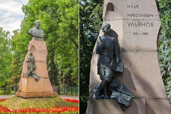 Матвей Манизер. 1957. Памятник И.Н. Ульянову. Бронза, гранит, высота бюста 235 см, высота фигуры крестьянского мальчика 170 см, высота постамента 550 см. Архитектор И.Е. Рожин. Ульяновск. Фото  (справа): kakprosto.ru 