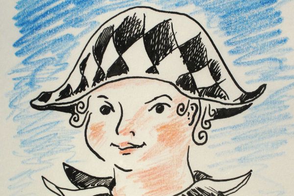 Сергей Малютов. Арлекин, 2003. Бумага, тушь, цветные карандаши, 9х10 см. Фото из архива Сергея Малютова