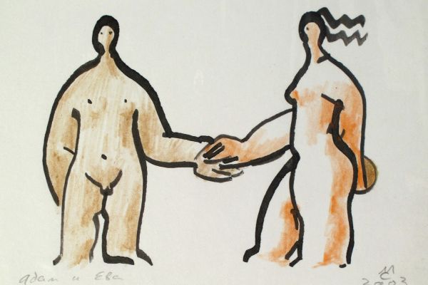 Сергей Малютов. Адам и Ева, 2003. Бумага, цветные карандаши, тушь, 8,5х11,5 см. Фото из архива Сергея Малютова