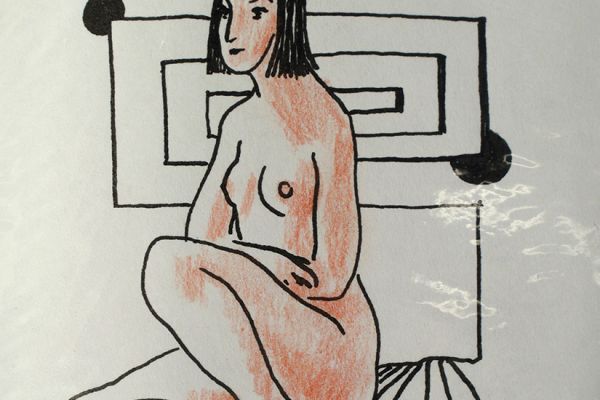 Сергей Малютов. Ню сидящая, 2003. Бумага, тушь, цветные карандаши, 13,2х10 см. Фото из архива Сергея Малютова