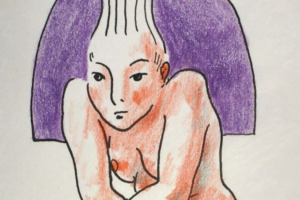 Сергей Малютов. Задумалась, 2003. Бумага, тушь, цветные карандаши, 12,8х10 см. Фото из архива Сергея Малютова