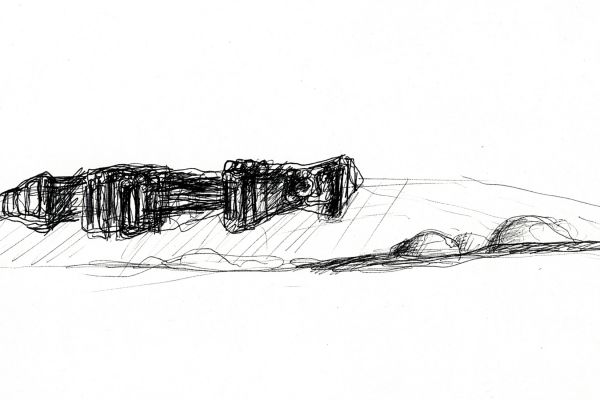 Владимир Потлов. Эскиз горельефа, 1986. Бумага, шариковая ручка, 10х20 см. Фото из архива Владимира Потлова