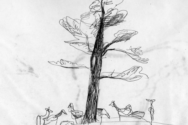 Владимир Потлов. Маралы под кедром, 1988. Бумага, тушь, перо, 10х12 см. Фото из архива Владимира Потлова