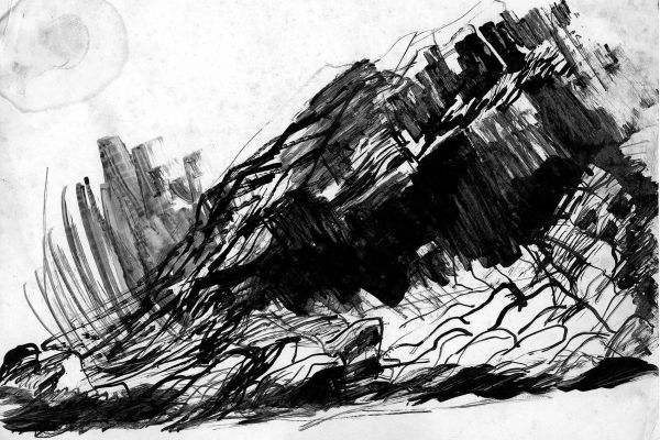 Владимир Потлов. Скалы Кумира, 1988. Бумага, тушь, кисть, 12х18 см. Фото из архива Владимира Потлова