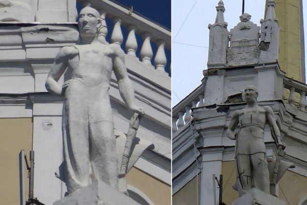 Надежда Крандиевская. Фигура Рабочего, 1940-1941. Бетон. Башня гостиницы ''Пекин'', Москва. Архитектор Д.Н. Чечулин. После войны работа выполнена Н. В. Томским по эскизам Н. Крандиевской и П.Файдыша. Фигура до и после реставрации 2020 года