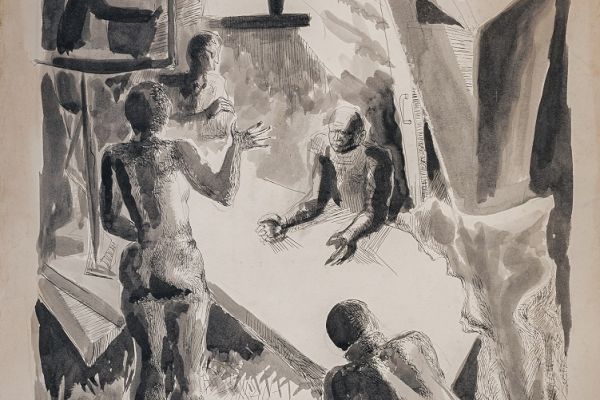 Алексей Григорьев. Мастерская. Встреча, 1989. Бумага, тушь, гуашь, 44х32 см. Фото из архива семьи Кадошниковых