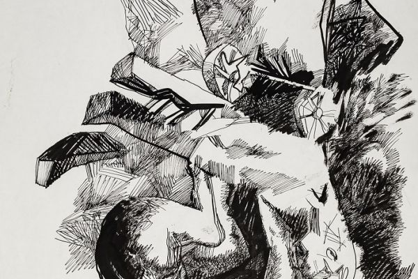 Алексей Григорьев. Упавшая лошадь, 1993-1994. Бумага, тушь, гуашь, 44,5х62 см. Фото из архива семьи Кадошниковых