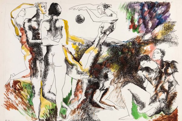 Алексей Григорьев. Пляж, 1995. Бумага, тушь, гуашь, 43,2х60,8 см. Фото из архива семьи Кадошниковых