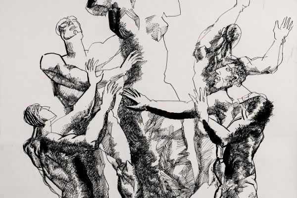 Алексей Григорьев. Слепые и статуя, 1998. Бумага, тушь, гуашь, 73,5х50,5 см. Фото из архива семьи Кадошниковых