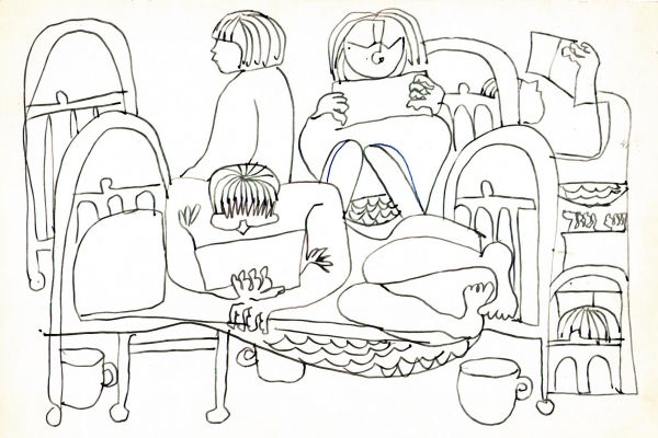 Валерия Семенова. ''Отдых в палате'', 1970. Из серии ''В больнице''. Бумага, перо, 19х28 см. Фото из архива Ирины Семеновой